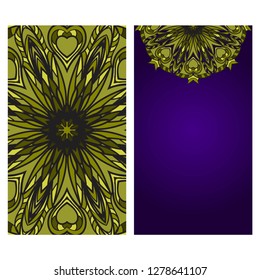 Visit Card Template With Floral Mandala Pattern. Vector Template. Islam, Arabic, Indian, Mexican Ottoman Motifs. Hand Drawn Background. Green, purple color.