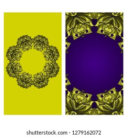 Visit Card Template With Floral Mandala Pattern. Vector Template. Islam, Arabic, Indian, Mexican Ottoman Motifs. Hand Drawn Background. Green, purple color.