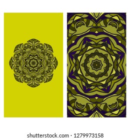 Visit Card Template With Floral Mandala Pattern. Vector Template. Islam, Arabic, Indian, Mexican Ottoman Motifs. Hand Drawn Background. Green, purple color.