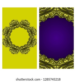 Visit Card Template With Floral Mandala Pattern. Vector Template. Islam, Arabic, Indian, Mexican Ottoman Motifs. Hand Drawn Background. Green, purple color.