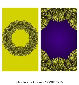 Visit Card Template With Floral Mandala Pattern. Vector Template. Islam, Arabic, Indian, Mexican Ottoman Motifs. Hand Drawn Background. Green, purple color.