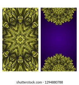 Visit Card Template With Floral Mandala Pattern. Vector Template. Islam, Arabic, Indian, Mexican Ottoman Motifs. Hand Drawn Background. Green, purple color.