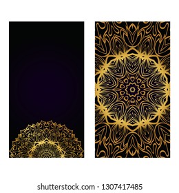 Visit Card Template With Floral Mandala Pattern. Vector Template. Islam, Arabic, Indian, Mexican Ottoman Motifs. Hand Drawn Background. Luxury black gold color.