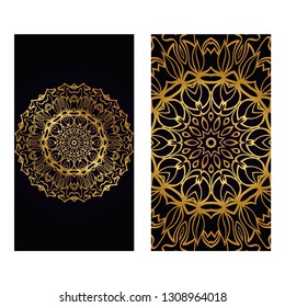 Visit Card Template With Floral Mandala Pattern. Vector Template. Islam, Arabic, Indian, Mexican Ottoman Motifs. Hand Drawn Background. Luxury black gold color.