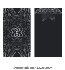 Visit Card Template With Floral Mandala Pattern. Vector Template. Islam, Arabic, Indian, Mexican Ottoman Motifs. Hand Drawn Background. Black silver color.