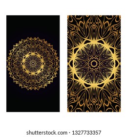 Visit Card Template With Floral Mandala Pattern. Vector Template. Islam, Arabic, Indian, Mexican Ottoman Motifs. Hand Drawn Background. Luxury black gold color.