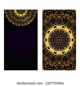 Visit Card Template With Floral Mandala Pattern. Vector Template. Islam, Arabic, Indian, Mexican Ottoman Motifs. Hand Drawn Background. Luxury black gold color.