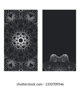 Visit Card Template With Floral Mandala Pattern. Vector Template. Islam, Arabic, Indian, Mexican Ottoman Motifs. Hand Drawn Background. Black silver color.