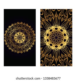 Visit Card Template With Floral Mandala Pattern. Vector Template. Islam, Arabic, Indian, Mexican Ottoman Motifs. Hand Drawn Background. Luxury black gold color.