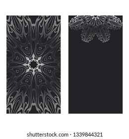 Visit Card Template With Floral Mandala Pattern. Vector Template. Islam, Arabic, Indian, Mexican Ottoman Motifs. Hand Drawn Background. Black silver color.