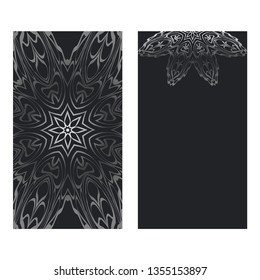 Visit Card Template With Floral Mandala Pattern. Vector Template. Islam, Arabic, Indian, Mexican Ottoman Motifs. Hand Drawn Background. Black silver color.