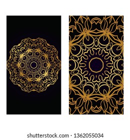 Visit Card Template With Floral Mandala Pattern. Vector Template. Islam, Arabic, Indian, Mexican Ottoman Motifs. Hand Drawn Background. Luxury black gold color.