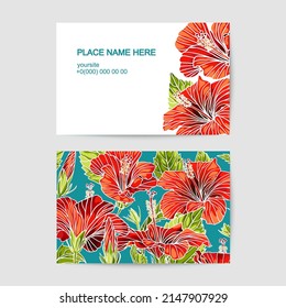 Visit card vector template with Hibiscus red flowers