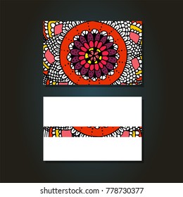 Visit cards set with flower mandala in hand drawn style. Hand drawn unusual ornament