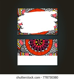Visit cards set with flower mandala in hand drawn style. Hand drawn unusual ornament