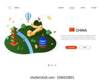 Visit China - modern colorful isometric web banner with copy space for text. Website header with famous Chinese landmarks, balloon, flag and map pointers. The Great Wall, pagoda, the Temple of Heaven