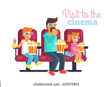 Visit to cinema with father poster. Redhead daughter, teen son and dad in glasses watching an interesting film together vector illustration