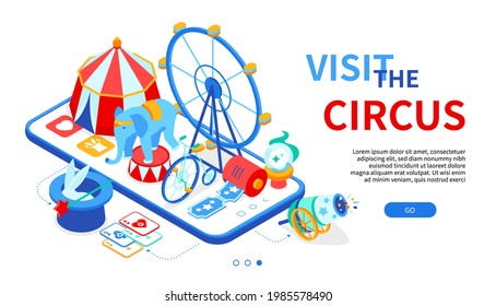 Visit the circus - modern colorful isometric web banner with copy space for text. Entertainment, funfair idea. Tickets, playing cards, crystal ball, big wheel, hat trick images on smartphone screen.