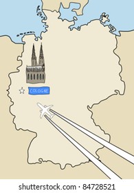 Visit Cologne - outline map of Germany and a plane with contrails. City symbol, travel concept.