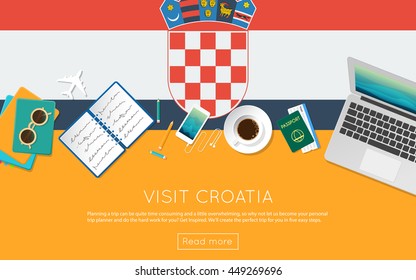 Visit Croatia concept for your web banner or print materials. Top view of a laptop, sunglasses and coffee cup on Croatia national flag. Flat style travel planninng website header.