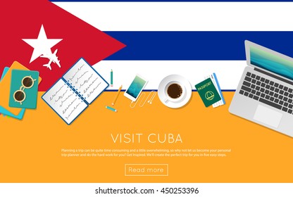 Visit Cuba concept for your web banner or print materials. Top view of a laptop, sunglasses and coffee cup on Cuba national flag. Flat style travel planninng website header.