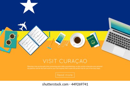 Visit Curacao concept for your web banner or print materials. Top view of a laptop, sunglasses and coffee cup on Curacao national flag. Flat style travel planninng website header.