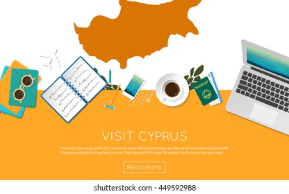 Visit Cyprus concept for your web banner or print materials. Top view of a laptop, sunglasses and coffee cup on Cyprus national flag. Flat style travel planninng website header.