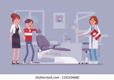Visit To The Dentist. Mother And Son With Dental Fear, Anxiety Or Phobia Keep Doctor Appointment In Hospital Room Or Clinic. Medicine And Healthcare Concept. Vector Flat Style Cartoon Illustration