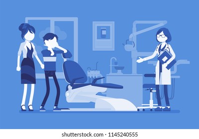 Visit to the dentist. Mother and son with dental fear, anxiety or phobia keep doctor appointment in hospital room or clinic. Medicine and healthcare concept. Vector illustration, faceless characters