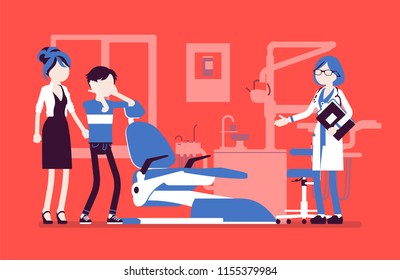 Visit to the dentist. Mother and son with dental fear, anxiety or phobia keep doctor appointment in hospital room or clinic. Medicine and healthcare concept. Vector illustration, faceless characters