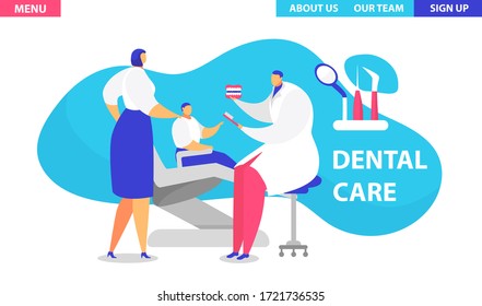 Visit dentist vector illustration. Cartoon flat landing page design template for medical clinic stomatology, man doctor character examining child with mother, advising tooth care webpage interface