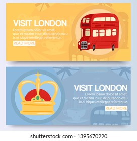 Visit and discover London on double decker red bus banner vector illustration. City public transport service vehicle retro bus. Tourist sights and symbols of Great Britain.