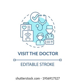 Visit The Doctor Blue Concept Icon. Therapist Appointment. Primary Care, General Practitioner. Family Doctor Idea Thin Line Illustration. Vector Isolated Outline RGB Color Drawing. Editable Stroke