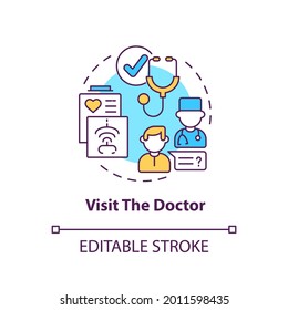 Visit The Doctor Concept Icon. Therapist Appointment. Primary Care, General Practitioner. Family Doctor Idea Thin Line Illustration. Vector Isolated Outline RGB Color Drawing. Editable Stroke