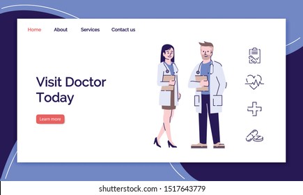 Visit doctor today landing page vector template. Medical consultation website interface idea with flat illustrations. Homepage layout. Medicine and healthcare web banner, webpage cartoon concept