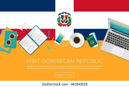 Visit Dominican Republic concept for your web banner or print materials. Top view of a laptop, sunglasses and coffee cup on Dominican Republic national flag.