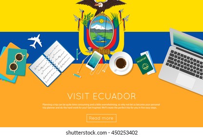 Visit Ecuador concept for your web banner or print materials. Top view of a laptop, sunglasses and coffee cup on Ecuador national flag. Flat style travel planninng website header.
