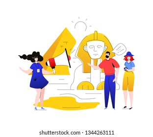 Visit Egypt - colorful flat design style illustration on white background. A composition with a guide with megaphone and tourists, man, woman at Giza pyramid, sphinx. Traveling and guided tour concept