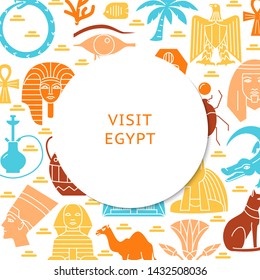 Visit Egypt concept background in flat style. Banner with national country symbols. Vector illustration with place for text.