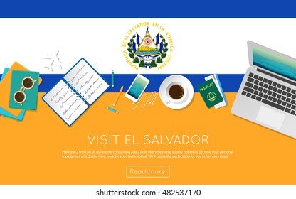 Visit El Salvador concept for your web banner or print materials. Top view of a laptop, sunglasses and coffee cup on El Salvador national flag. Flat style travel planninng website header.