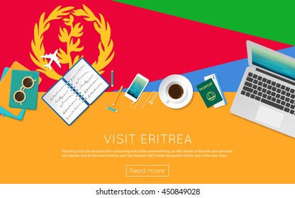 Visit Eritrea concept for your web banner or print materials. Top view of a laptop, sunglasses and coffee cup on Eritrea national flag. Flat style travel planninng website header.