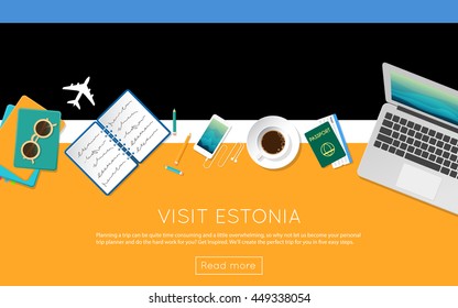 Visit Estonia concept for your web banner or print materials. Top view of a laptop, sunglasses and coffee cup on Estonia national flag. Flat style travel planninng website header.