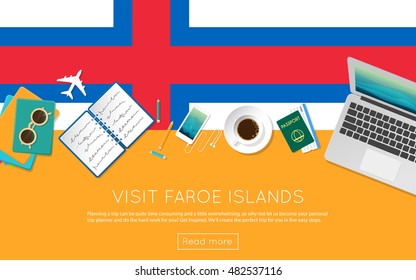 Visit Faroe Islands concept for your web banner or print materials. Top view of a laptop, sunglasses and coffee cup on Faroe Islands national flag. Flat style travel planninng website header.