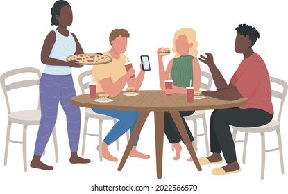 Visit fast food restaurant with friends semi flat color vector characters. Full body people on white. Dinner party isolated modern cartoon style illustration for graphic design and animation