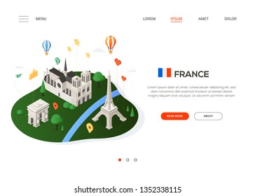 Visit France - modern colorful isometric web banner with copy space for text. Website header with famous French landmarks, balloons and map pointers. Triumphal arch, Eiffel tower, Notre-Dame de Paris