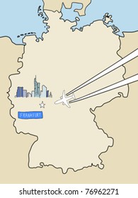 Visit Frankfurt - outline map of Germany and a plane with contrails. City symbol, travel concept.