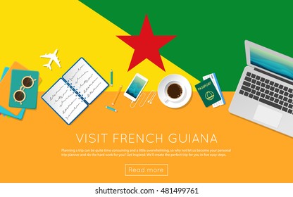 Visit French Guiana concept for your web banner or print materials. Top view of a laptop, sunglasses and coffee cup on French Guiana national flag. Flat style travel planninng website header.