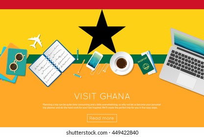 Visit Ghana concept for your web banner or print materials. Top view of a laptop, sunglasses and coffee cup on Ghana national flag. Flat style travel planninng website header.