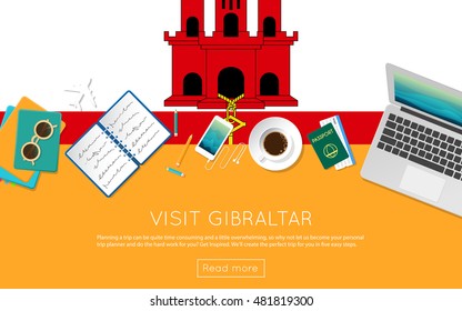 Visit Gibraltar concept for your web banner or print materials. Top view of a laptop, sunglasses and coffee cup on Gibraltar national flag. Flat style travel planninng website header.