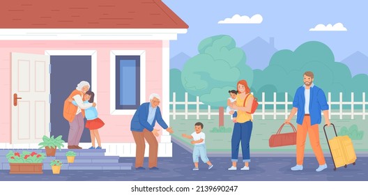 Visit of grandchildren. Family grandkids visiting grandparents, child baby running to grandfather grandmother meeting adult grandson hug grandma house, vector illustration. Child and grandmother happy